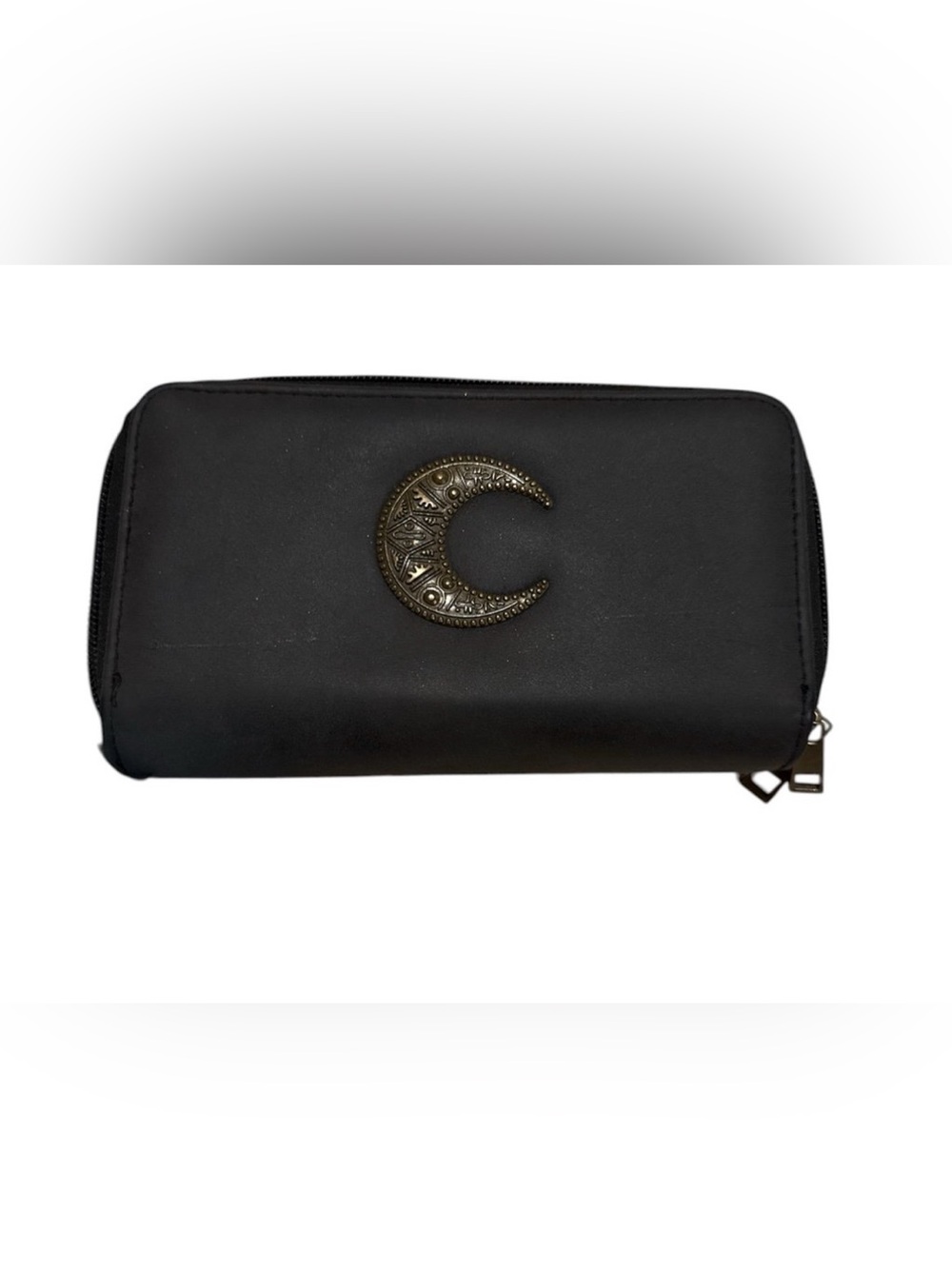 Black Zip Wallet with Decorative Crescent Moon